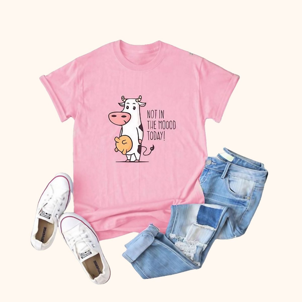 Rosa T-shirt med ko “I’m not in the moood today”